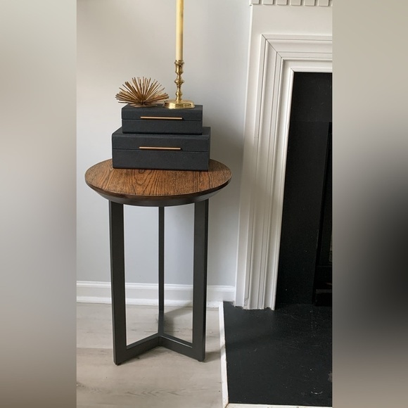 Contemporary Round‎ Chairside Table Wooden metal living room brown MCM - Picture 2 of 9